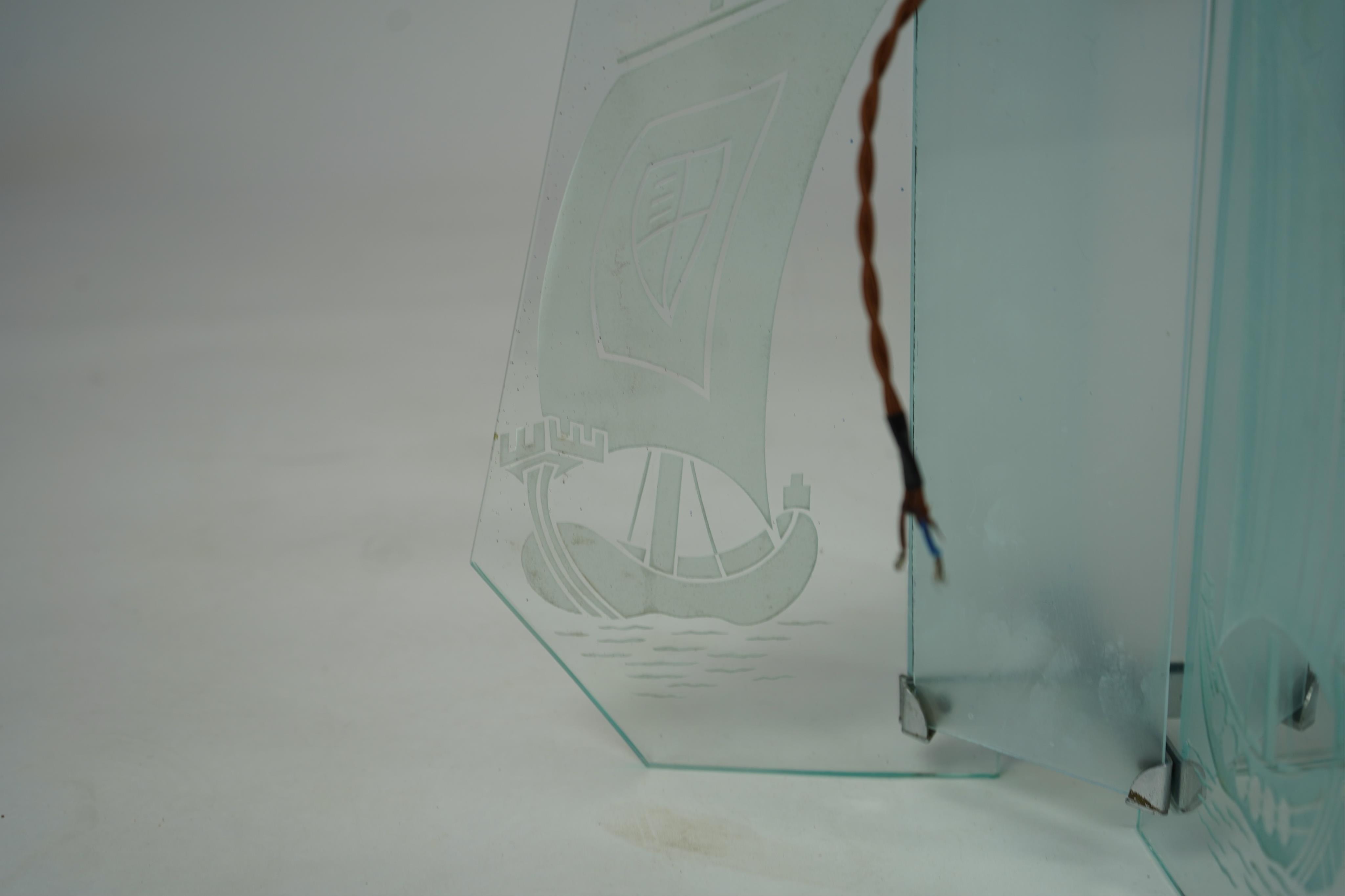 A pair of Art Deco chrome and four panelled etched glass ‘Galleon’ designed celling pendant lights